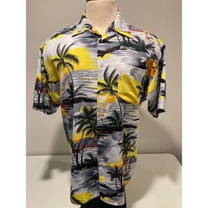 Koman Sport Mens Hawaiian Shirt Yellow Gray Short Sleeve Spread Collar Pocket L